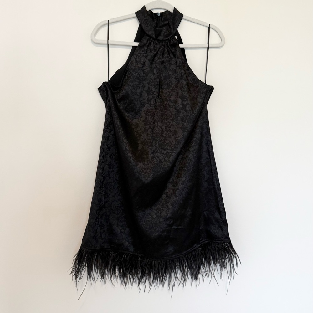 WAYF Elegant Black Halter Dress with Feather Trim NWT